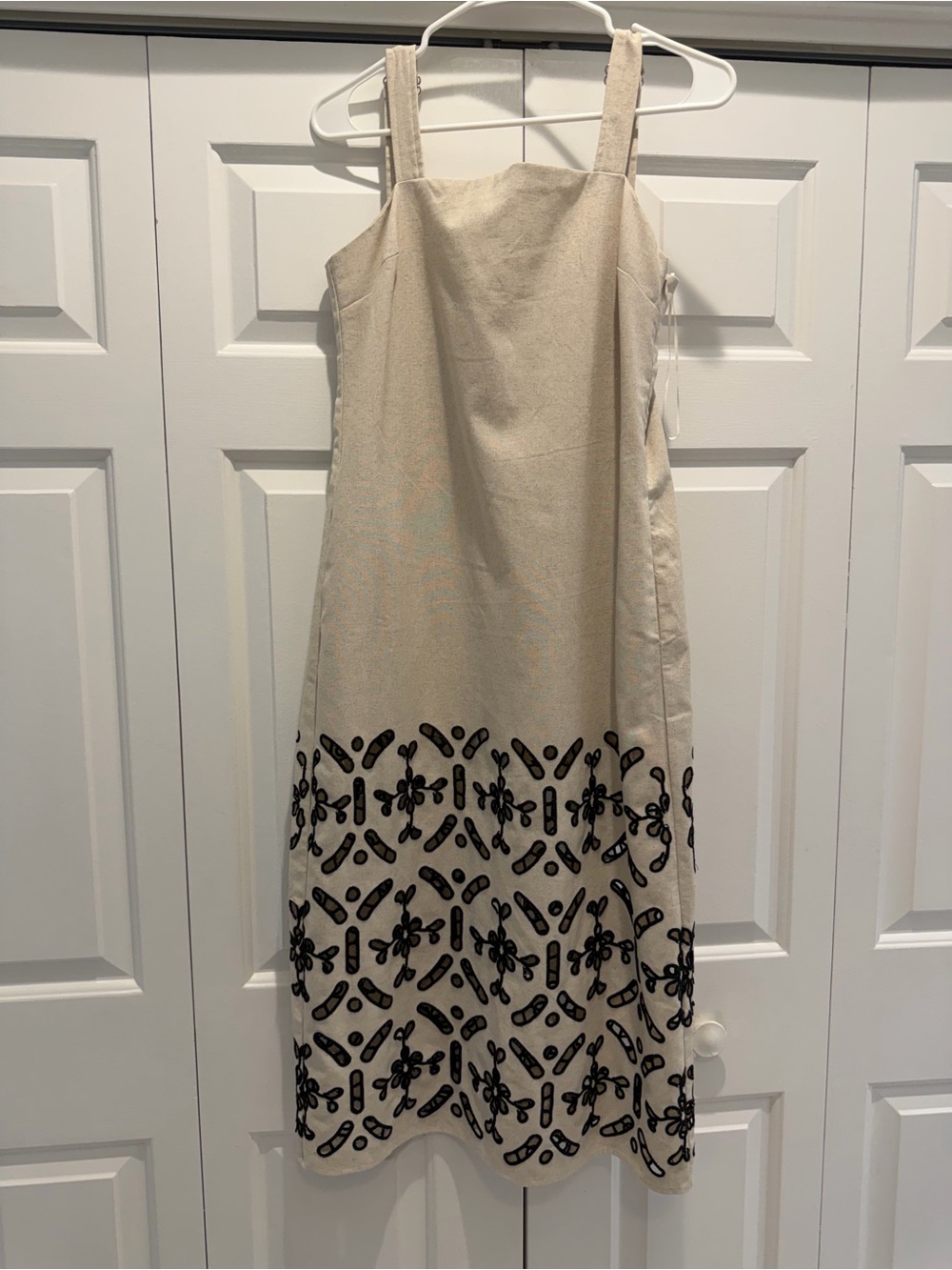 Beige Embroidered Midi Dress with Black Floral Detail linen